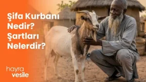Bir kurbanlık keçinin yanına eğilip seven Afrikalı bir yaşlı adam ve yanında "Şifa Kurbanı Nedir? Şartları Nelerdir?" başlığı.