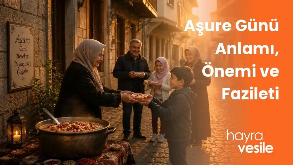 Bir teyzenin aşure pişirip çocuğa bir kase uzatması ve yanında 'Regaip Kandili Anlamı, Önemi ve Fazileti' başlığı